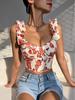 2025 Summer Sweet V-Neck Print Slim Fit Bandage Top with Chest Pad