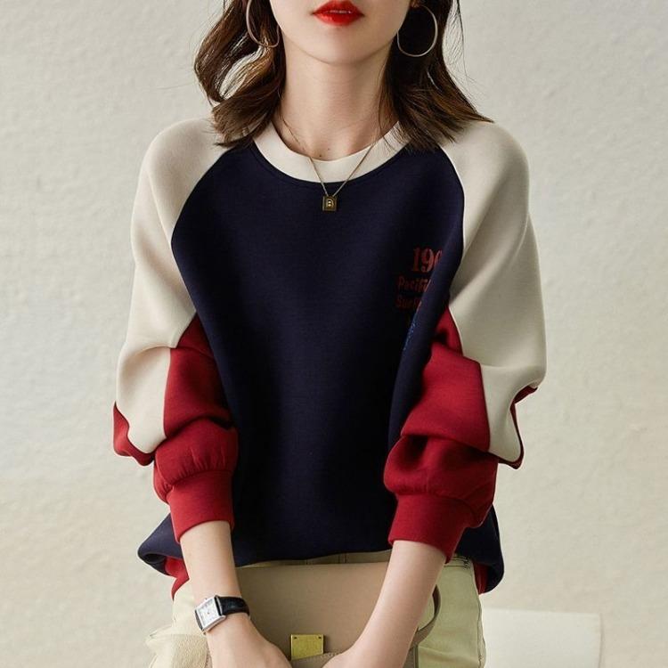 Women's Round Neck Sweatshirt  Spring and Autumn Loose Spliced Contrasting Color Pullover Top