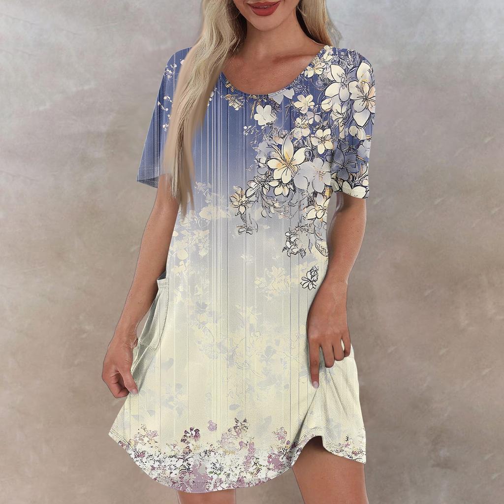 Women's Casual And Fashionable V-neck Short Sleeve Printing Mid Length Dress
