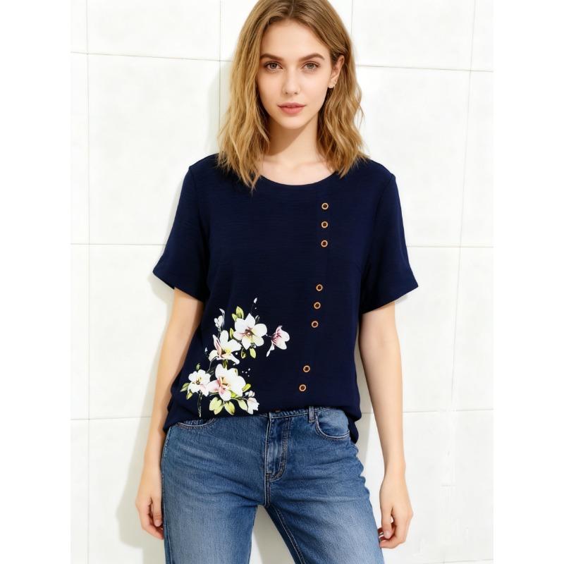 Cat Ears Directional Women s Spring and Summer Fashionable, Casual, Comfortable and Elegant Printed Buttoned Ladylike Short-sleeved Round Neck Shirt S