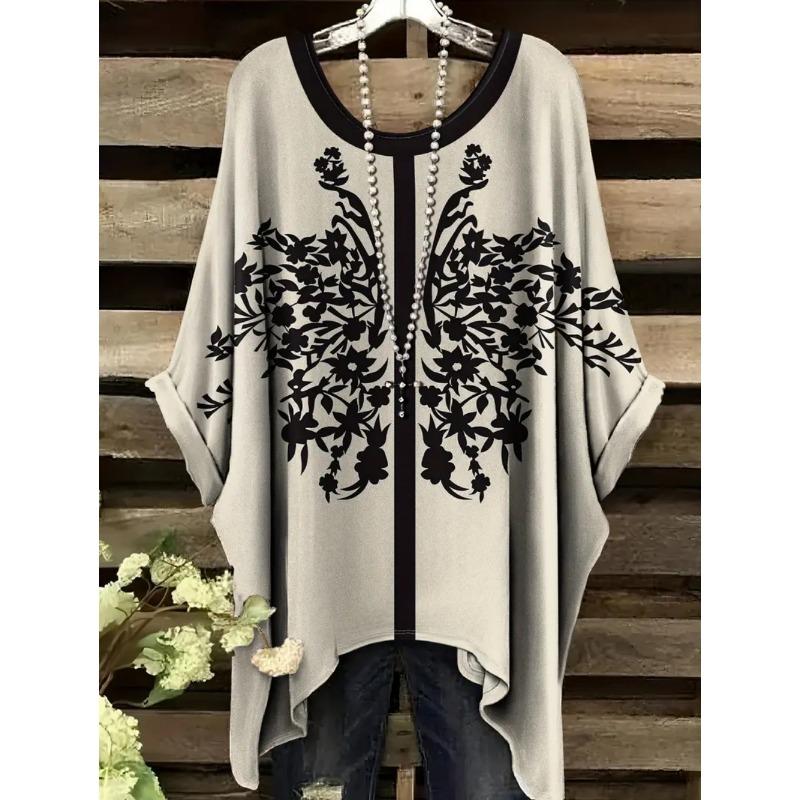 Camisetas Oversize Estilo Bohemio Chic Estampado Étnico Vintage Sencillo Dobladillo Irregular Cuello Redondo Top para Mujer Moda Versátil Ropa de Mujer