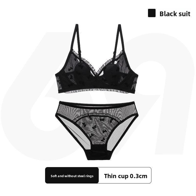 French Coquette Lace Thin Cup Wireless Bra, Girly Push Up Comfort Small Bust Women Bra