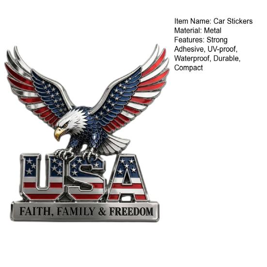 USA Faith, Family & Freedom Metal Emblem, Eagle & USA Letters Patriotic Edition 3D Metal Car Emblem, 250th Anniversary Red & Blue Flag Auto Decal for