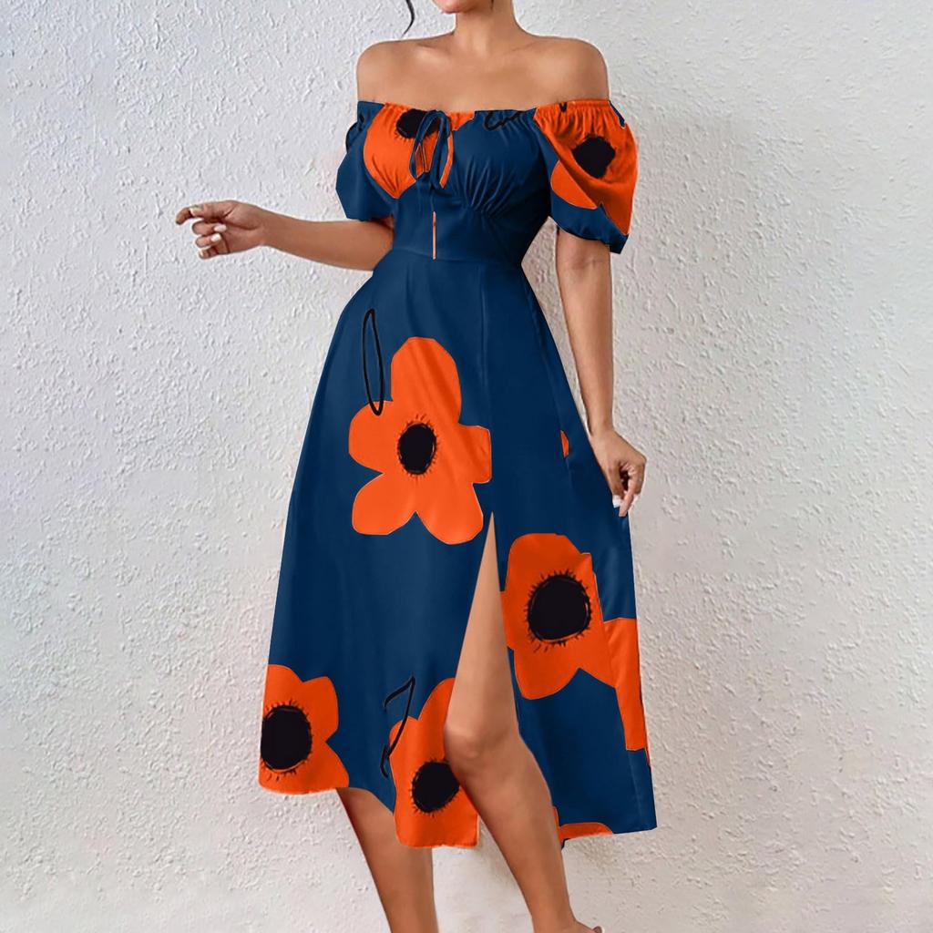 Ladies' Summer Floral Print Off Shoulder Bohemian Style Dress