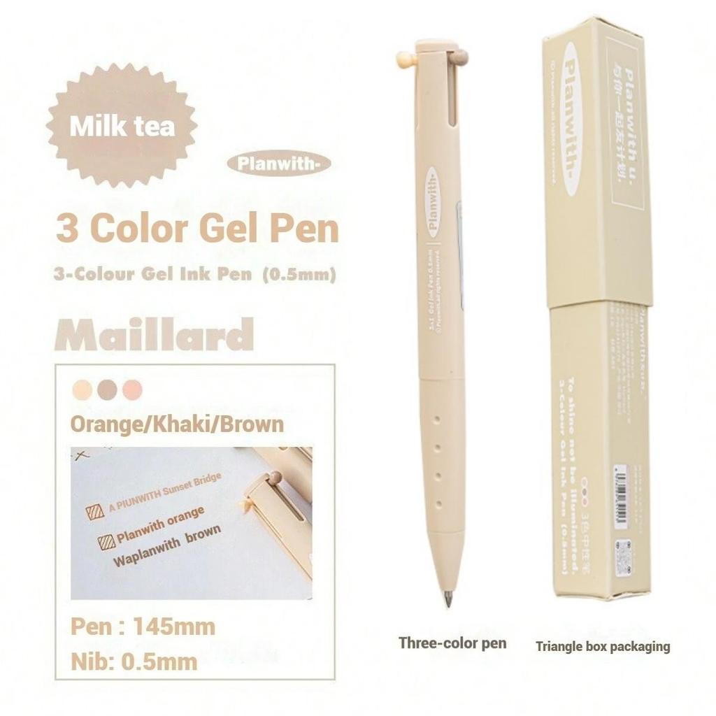 1pcs Triangular Multi-color Pen, Planwith Sign Series 3 Colors 0.5mm Point Gel Pen Multifunctional Liner Marker School