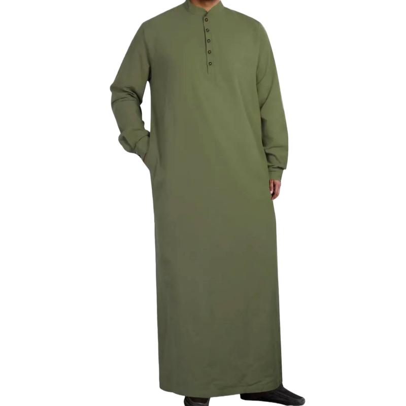 Men's Thobe Solid Color Long Sleeve Robe Men Stand Collar Button Down Islamic Kaftan Casual Middle East Arabic Traditional Long Muslim Dress
