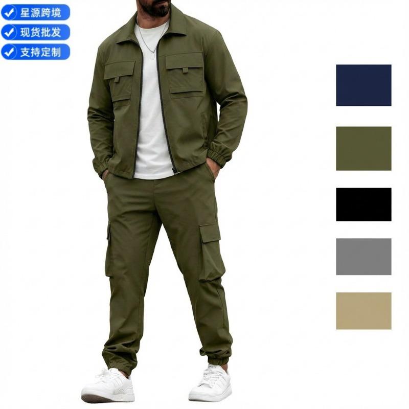 Herren S Einfarbig Langarm Jacke Hose Mehrere Taschen Lässig Arbeitskleidung Zweiteiliges Set