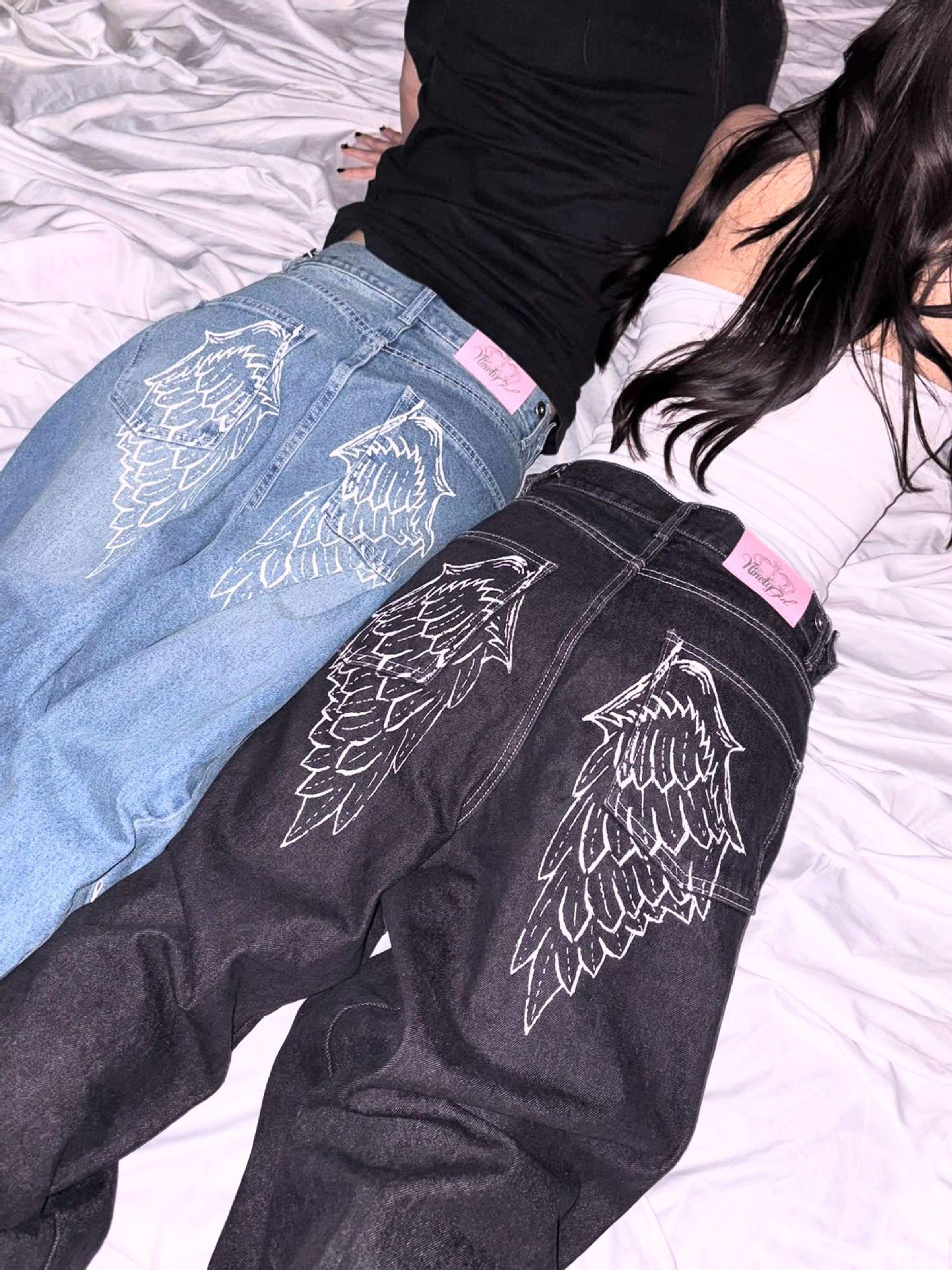 

Джинсы с вышивкой крыльев ангела и стразами в стиле Y2K - Женская японская уличная мода S чёрный