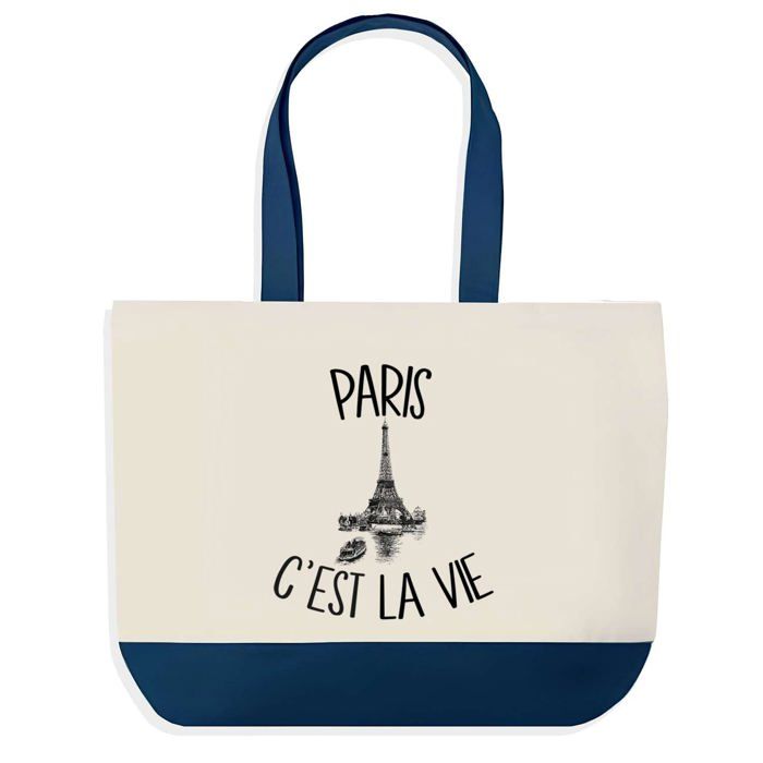 Sac cabas - PLANETEE - Paris c'est la Vie - Fond bleu - Coton 40x45 cm - Grand format
