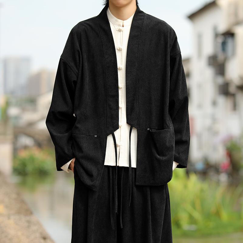 2025 Autumn and Winter New Chinese Style Men's Trendy Corduroy Solid Color Cardigan Japanese Loose Taoist Robe Jacket