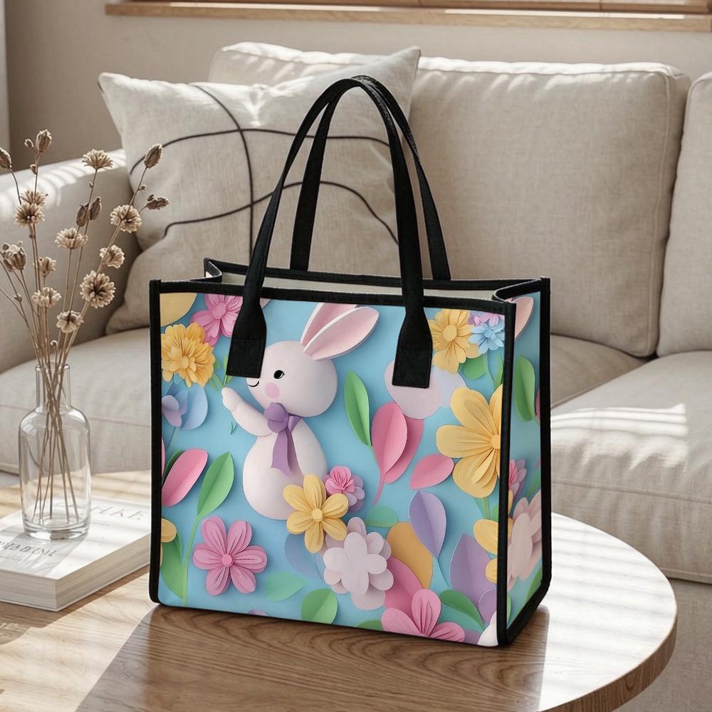 Cute Rabbit Floral Pattern Tote Bag Casual Reusable Daily Shopping Handbag
