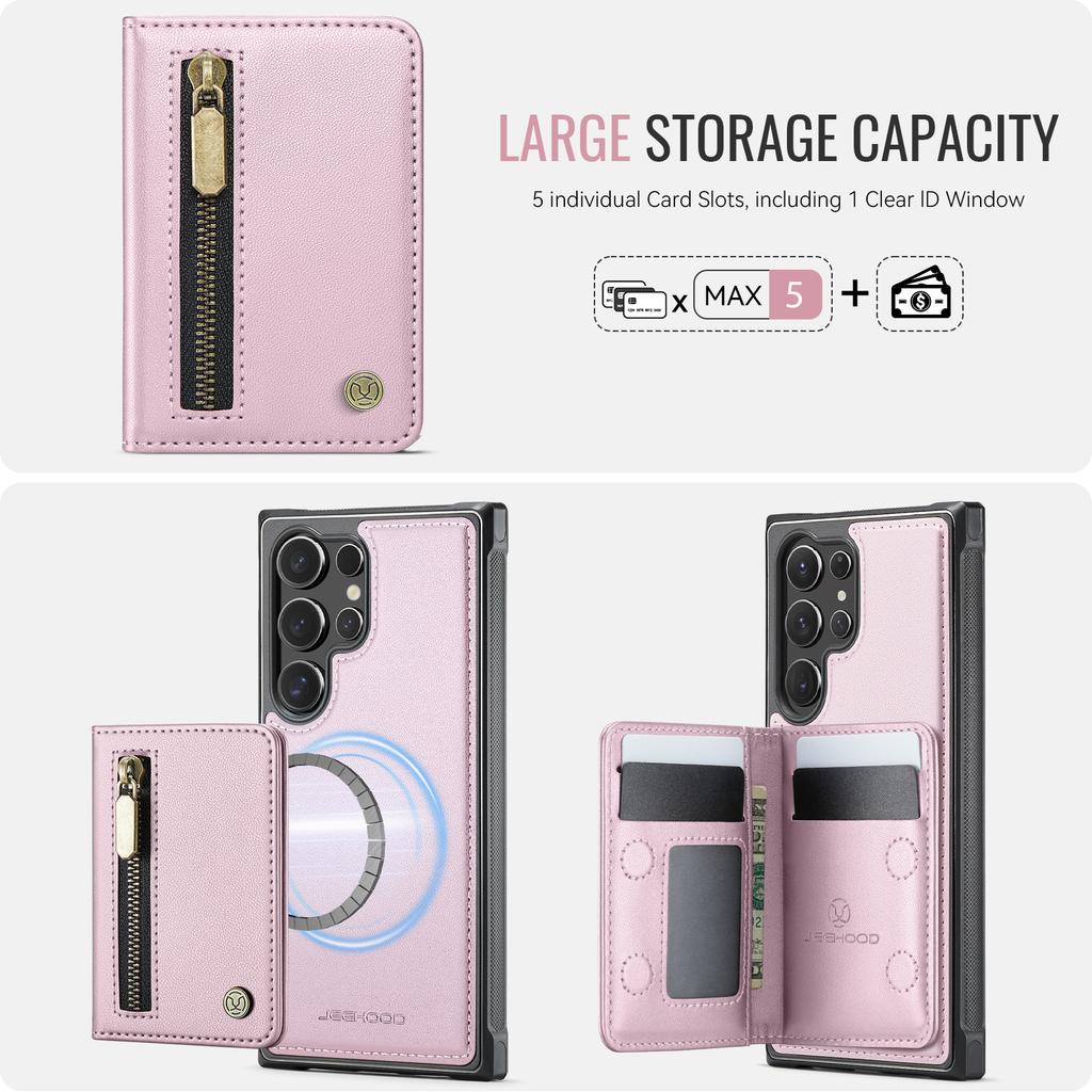 For Samsung Galaxy S26 Ultra Case JEEHOOD J12 Magnetic Detachable Zipper Wallet Kickstand Leather Back Cover Compatible with MagSafe