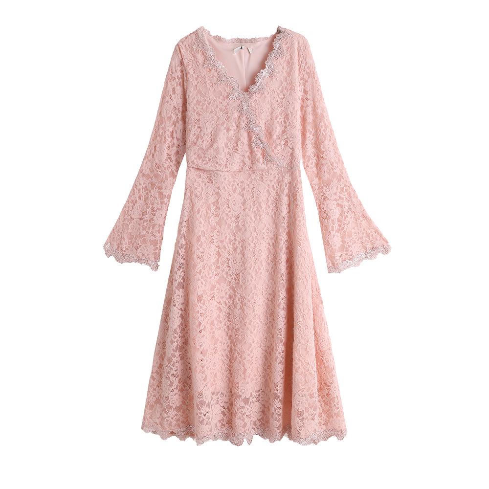 Plus Size Women's Deep V-Neck Lace-Up Dress (130-320 Jin) - Spring Fashion with Hollow Lace Design for fuller figures