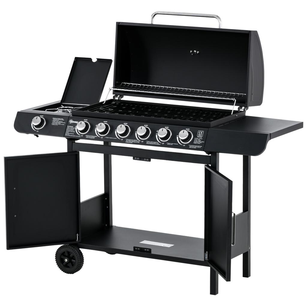 Gas Grill with 7 Burners, Incl. Thermometer, BBQ Grill, Mobile Grill, Black