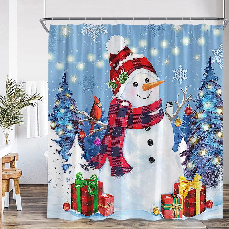 Funny Snowman Shower Curtain Silver Pine Branches Winter Forest Cedar Red Truck Elf Christmas Bath Curtains Home Bathroom Decor