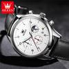 OLEVS Brand Fashion Moon Phase Quartz Watch for Men Leather Waterproof Luminous Calendar 24 Hours Multifunction Mens Watches