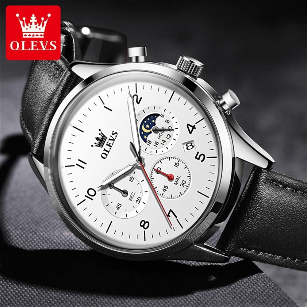 OLEVS Brand Fashion Moon Phase Quartz Watch for Men Leather Waterproof Luminous Calendar 24 Hours Multifunction Mens Watches