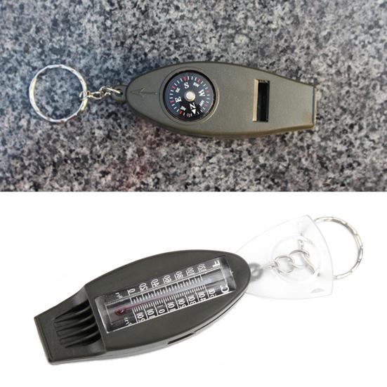 Notfallpfeife Kompass Lupe Thermometer Klarer Klang Schlüsselanhänger Design 4 in 1 Multifunktions-Wanderpfeife Outdoor-Zubehör
