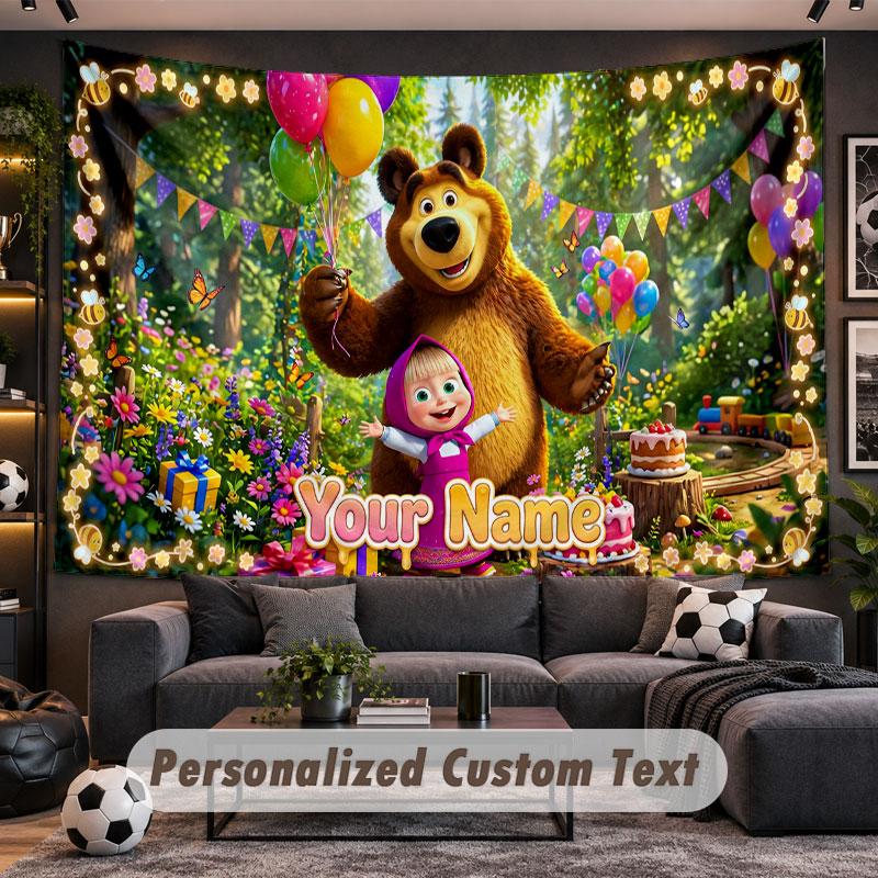 Wall Hanging Tapestry Custom NameMasha and the Bear Pattern Personalized Printed Fabric Wall Decor