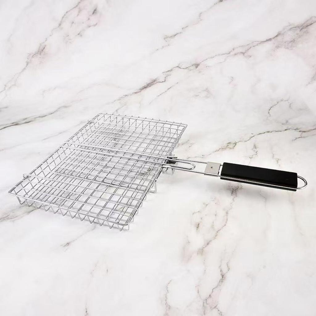 Square Grill Basket with Long Handle Electroplated Carbon Steel Folding Foldable