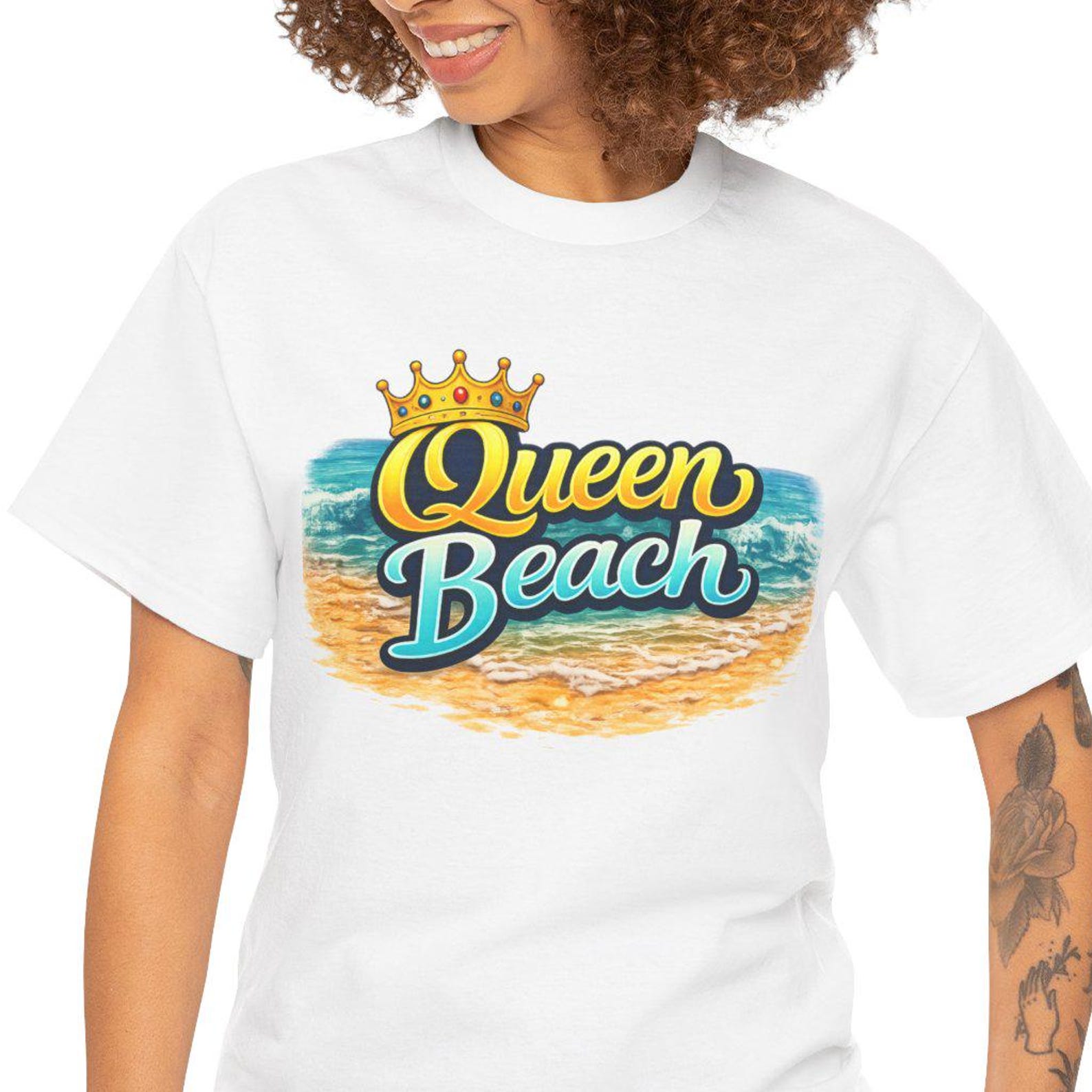 Queen Beach T-Shirt | Ocean Waves, Crown Typography, Summer Beach Vibes S