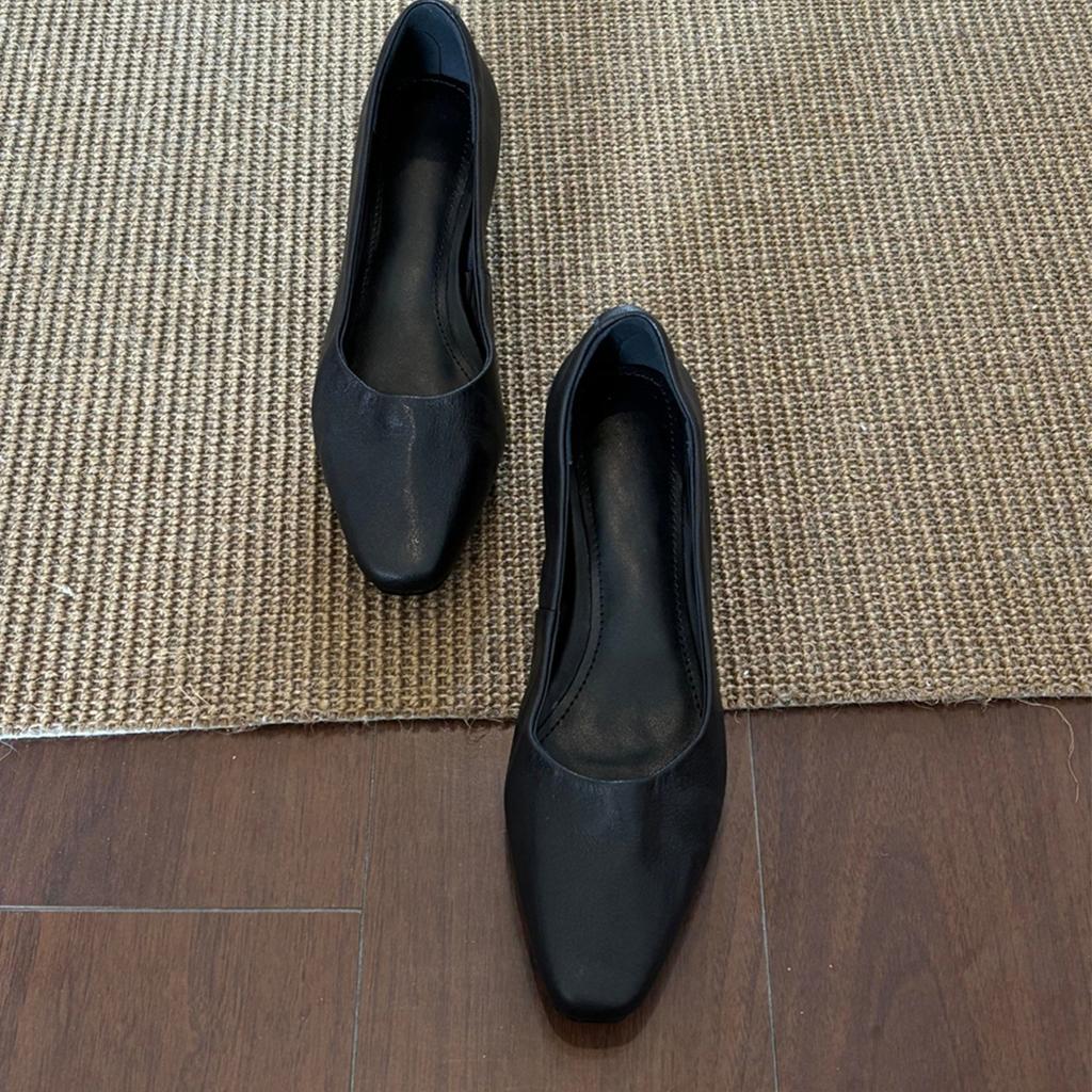 Sheepskin version~ French simple temperament light mouth thick heel single shoes one pedal commuter shoes square head retro high heels women