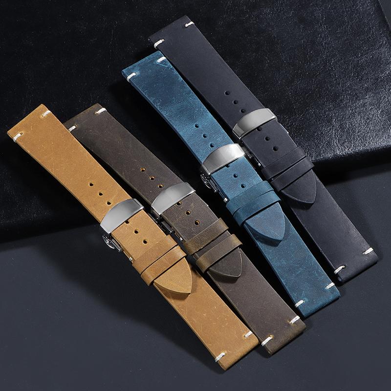 Calfskin Leather Watchbands Butterfly Buckle High Quality 18mm 20mm 22mm 24mm 21mm Vintage Stitching Wristwatch Strap for Seiko