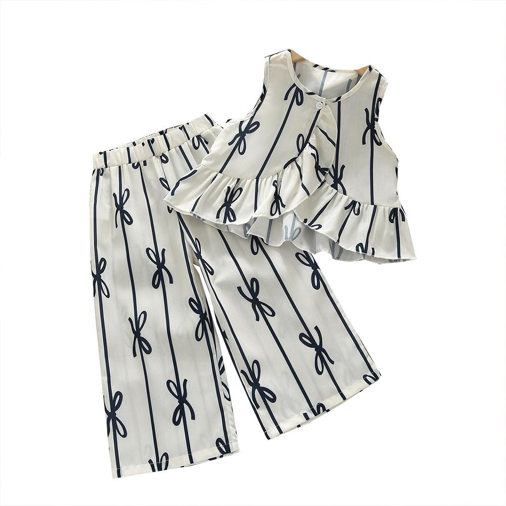 Girls Bow Print Suit Summer New Children's Korean Version Sleeveless Top Wide Leg Pants Two-piece Set Dropshipping