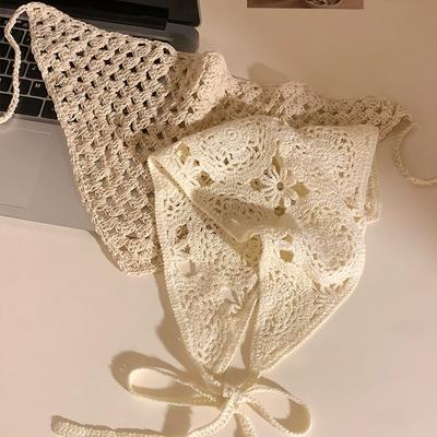 Beige Cotton Hollow Triangle Headband Towel for Women Summer Travel Hair Scarf Bandana French Style Hollow Lattice Headbands