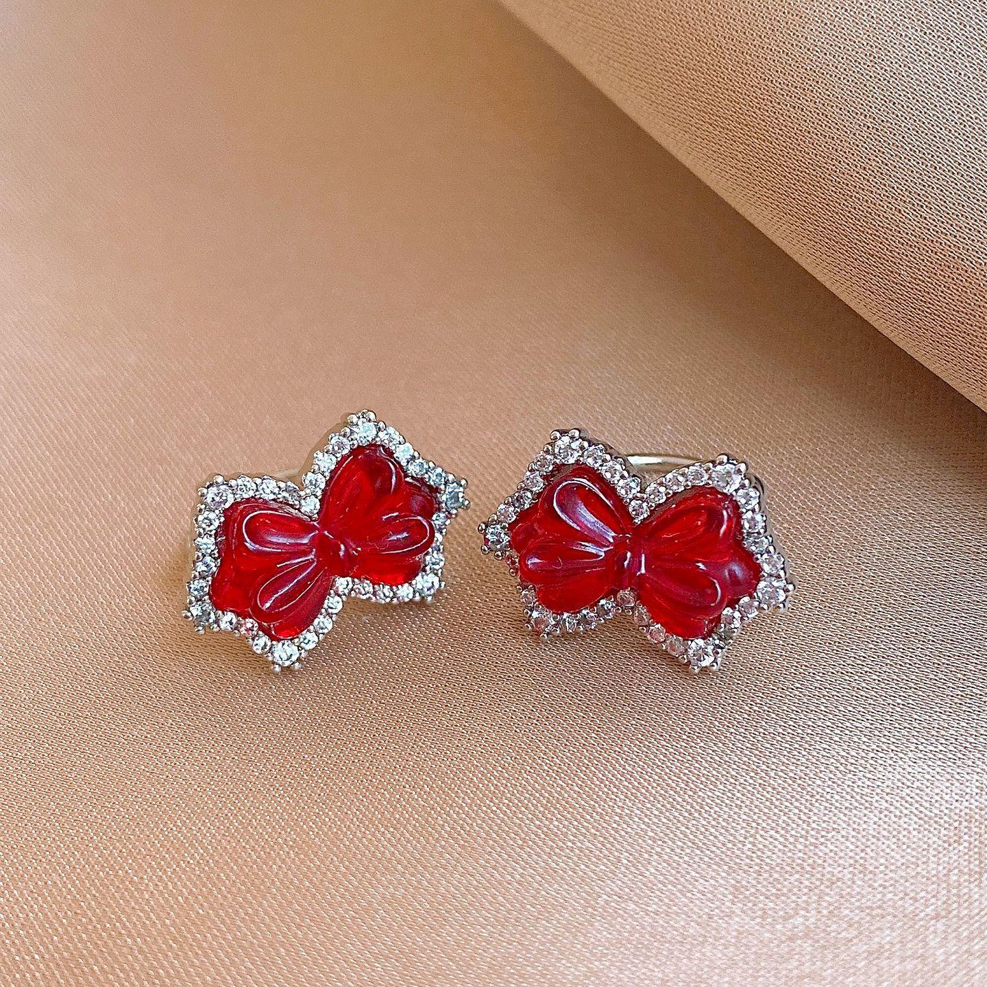 Супер Сверкающий Циркон Красная Смола Бант Клипса на Мочку Уха Милые Серьги Новогодние Серьги Женские