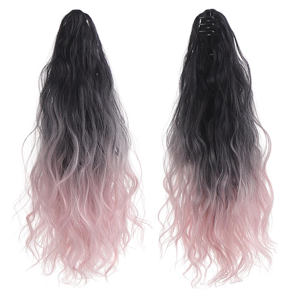 Extension de Cheveux Synthétiques Longs Lisses à Pince Queue de Cheval 22 Pouces Noir Mèches Bleues Grises Postiche Queue de Cheval Perruque Pour Femmes