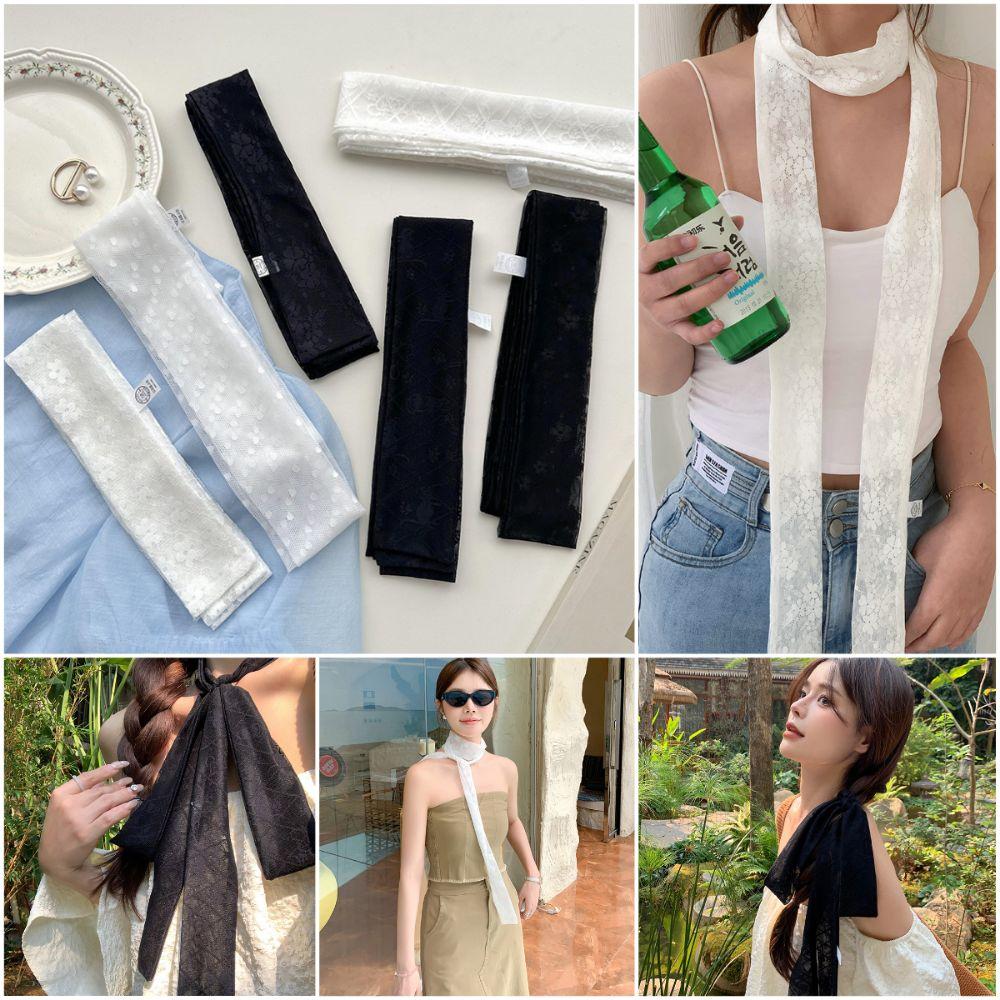 White Black Lace Long Scarf French Style Long Ribbon Trendy Neck Strap  Women