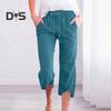 Damen Cropped-Hose, elastischer Kordelzug in der Taille, lässiges Design mit lockerem Bein, Freizeithose, einfarbig, lockere Passform, Hose mit mittlerer Wade