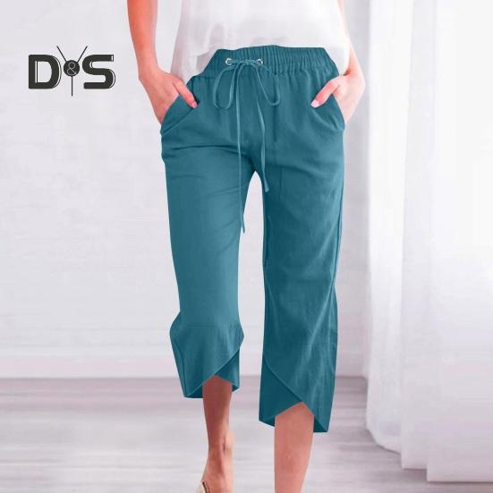 Damen Cropped-Hose, elastischer Kordelzug in der Taille, lässiges Design mit lockerem Bein, Freizeithose, einfarbig, lockere Passform, Hose mit mittlerer Wade