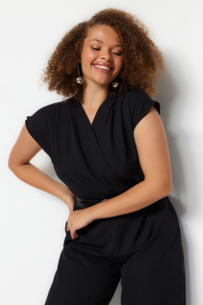 Women's Fashion Emerald Green Belted Double Breasted Collar Plus Size Woven Jumpsuit