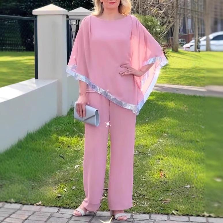 

Женский красный топ с рукавами «летучая мышь» и комплект брюк с широкими штанинами, серебристая отделка, повседневный наряд в нескольких цветах S розовый