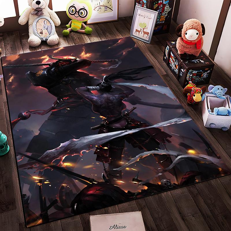 Samurai Warriors Kampfszene Teppich mit feurigem Dark Fantasy Design Geeignet zur Verwendung als Antirutsch für Wohnzimmer Schlafzimmer Sofas