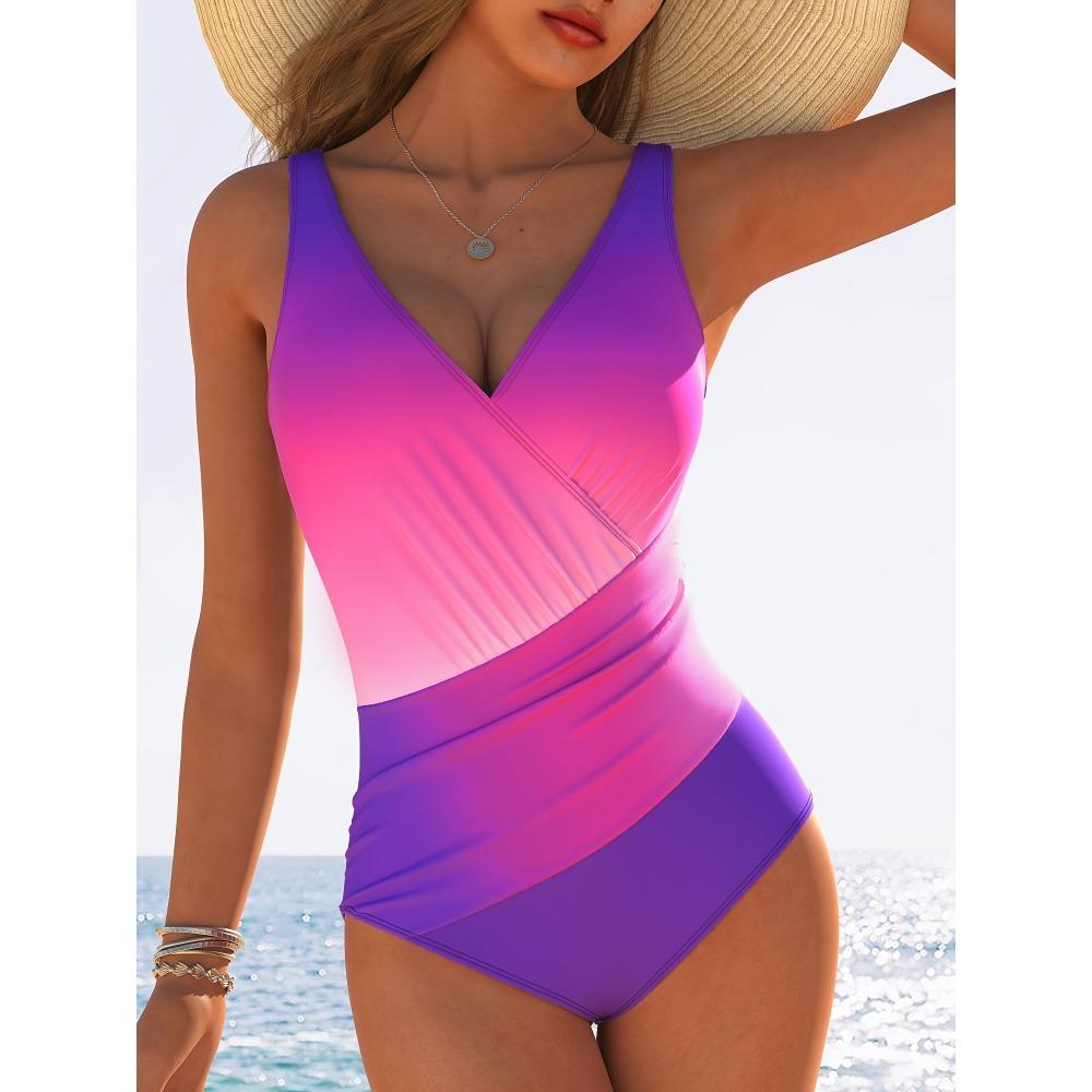 Wygodny 1-częściowy modny damski strój kąpielowy, poliestrowa tkanina o wysokiej elastyczności, szybkoschnący, wzór Color Block, dzianinowy splot