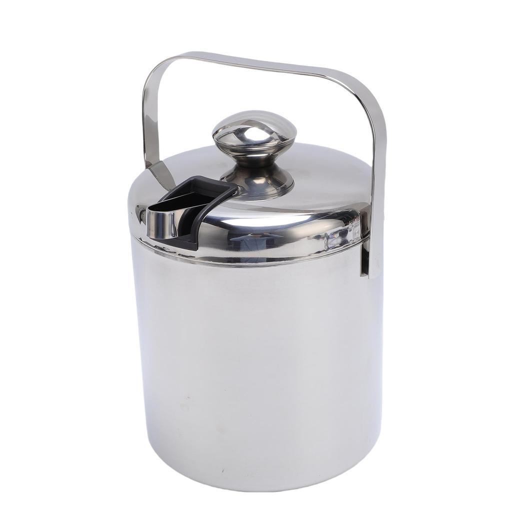 Ice Bucket 1.3L 304 Stainless Steel Double Wall Insulated Ice Cube Bucket with Tongs Strainer Lid for Red Wine Cocktail