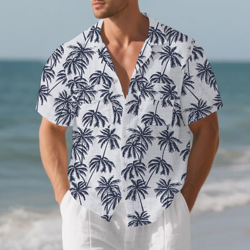 Men's Beach Short-Sleeved Shirt Coconut Tree Print Loose-Fit Holiday Shirt Men's