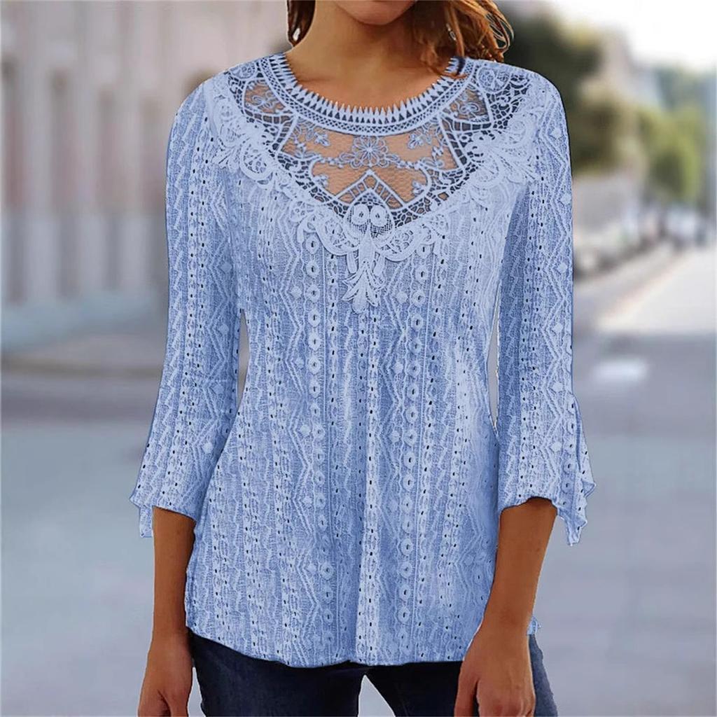 Women Casual Loose Hollow Lace Spliced Three Quarter Sleeve Top