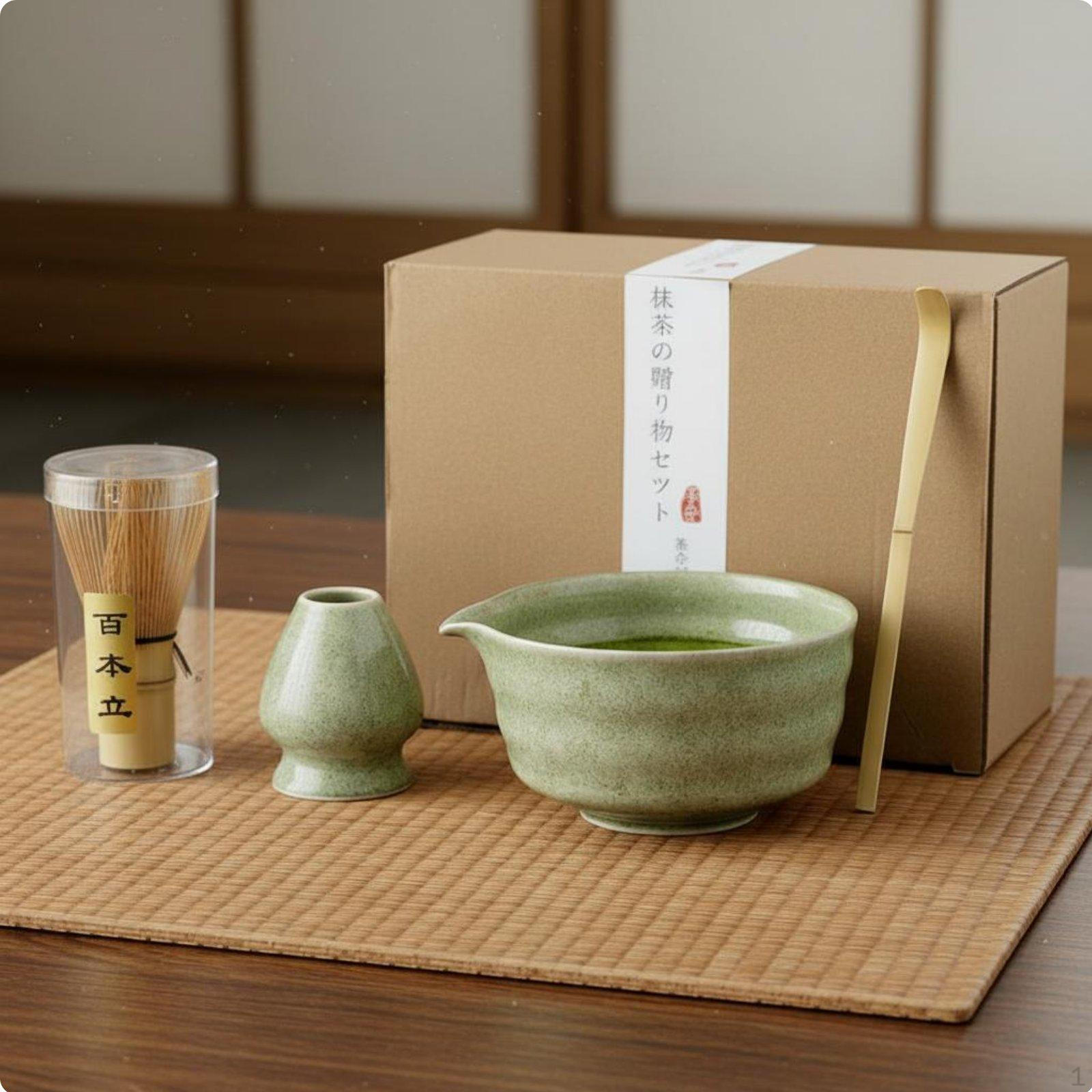 4 Pieces Ceremonial Tea Set Gift Box Included Ceramic Matcha Bowl Whisk Song Period Styled After Thread Matcha Green