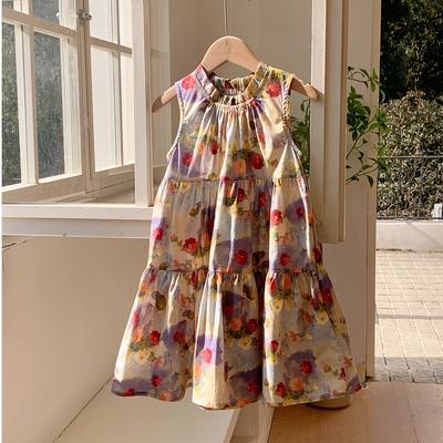 Vintage Oil Painting Print Girls Tiered Dress Summer Stylish Sleeveless Children Vest Dress For Little And Middle Kids