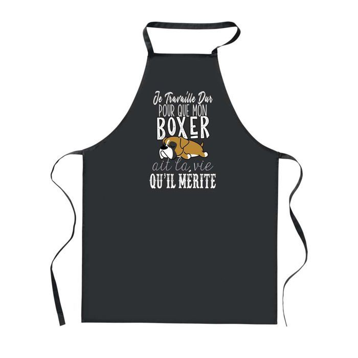 Tablier de cuisine - PLANETEE - Boxer Travailler Dur pour mon Chien - Noir - Impression bretonne - 90x60 cm