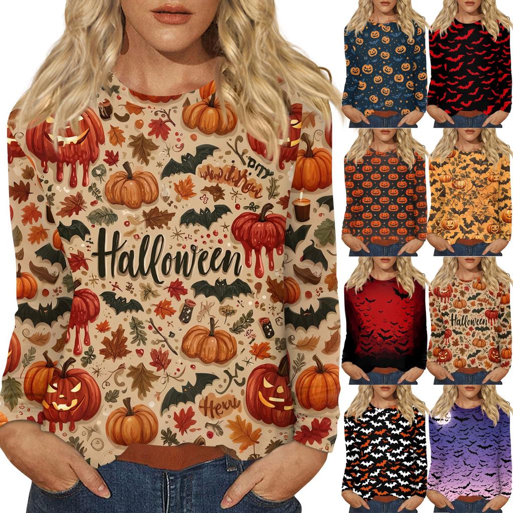 Damenmode Lässig Halloween Bedruckt Rundhals Langarm Pullover Top