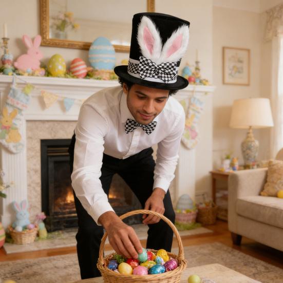 Yousheng Easter Bunny Ear Top Hat for Women Men Adults Furry Rabbit Ear Hat with Checkered Bow for Halloween Party Costume Easter Cosplay Accessory