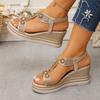 Women's Wide Width Bohemian Sandals, Rhinestone Embellished Wedge Heels, Open-Toe Beach Shoes for Women