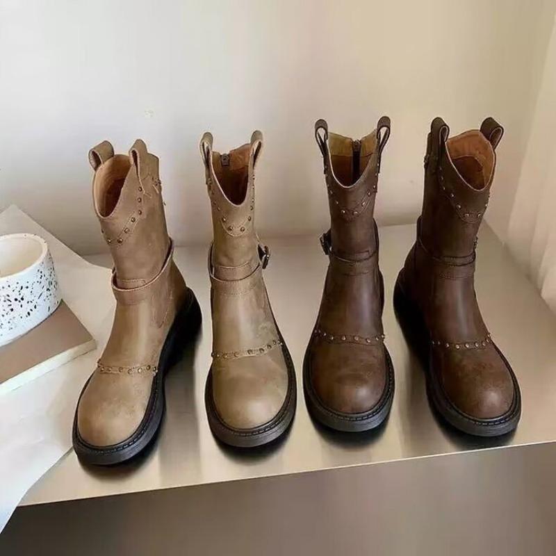 Round Toe Back Zip Single Boots Women'S Fashion Studded Metal Buckle Platform Block Heel Mid-Leg Boots