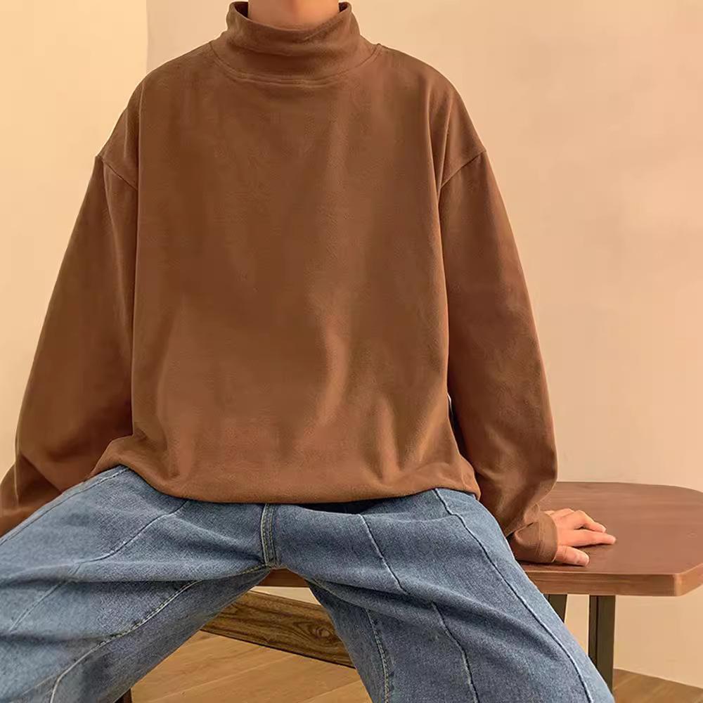 Męska Jednolita Kolorowa Warstwa Bazowa Jesienna Moda Półwysoki Dekolt Długi Rękaw T-Shirt Unisex Wszechstronna Odzież Codzienna Idealna do Noszenia Warstwowego z Bransoletką