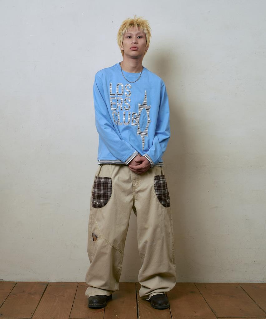 Lujeoseukeulleob Check Patch Wide Cotton Pants Beige